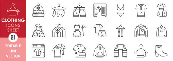 A set of line icons related to clothing. Various clothes including shirt, suit, t-shirt, ladies dress, sweater, bikini, online shopping and so on. Vector outline icons set of dresses.