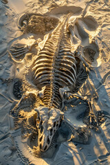 top view. archaeological excavations. outline of the skeleton of the dinosaur Triceratops in the sand