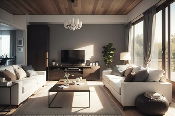 Contemporary living room with stylish furniture and warm wood tones, bathed in sunlight from large windows