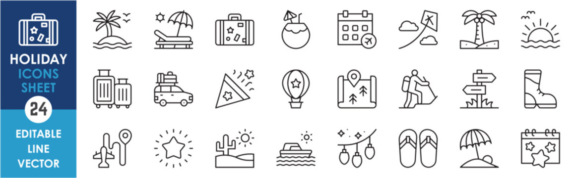 A set of line icons related to Holiday. Holiday, travel, visit, beach, hiking, hike, sunshine, boot, freshness and so on. Vector outline icons set.