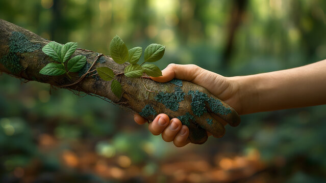 A unique handshake between a human hand and a tree hand. Represents mutual respect between humanity and nature. Ideal for sustainability concepts.