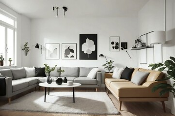 Contemporary living room interior with stylish sofas, minimalistic art, and indoor plants in a bright, airy space