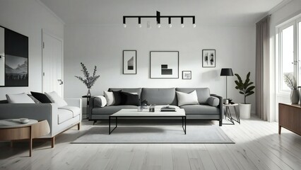 Contemporary furniture, monochrome decor, and ample natural light in an elegant living room