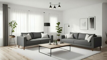 Contemporary living room featuring stylish grey sofas, wooden floor, house plants, and tasteful art, bathed in natural light from large windows