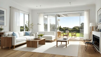 Fototapeta premium Seamless connection between modern living room and tranquil garden through sliding glass doors results in a spacious and peaceful environment