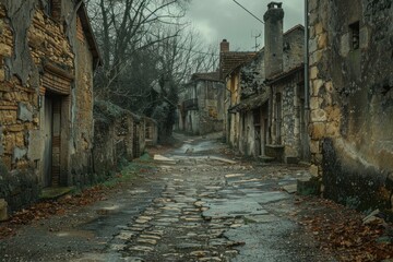 Eerie image showcasing a deserted, mosscovered street in a forgotten village, overcast and moody atmosphere
