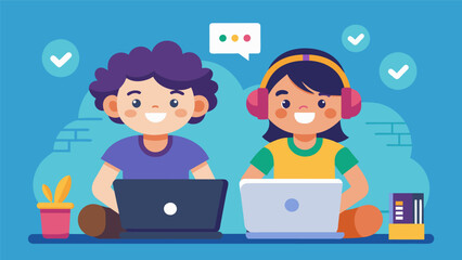 Two junior vloggers gather around a laptop scrolling through the latest gaming websites and discussing the most popular online games for kids.. Vector illustration