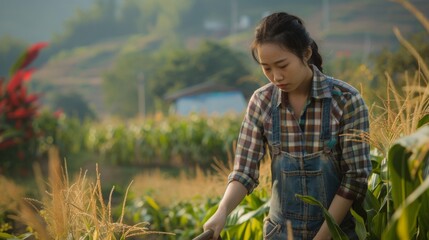 A young woman wearing a plaid shirt and overalls tends to crops in a lush, green vegetable field on a sunny summer morning.
