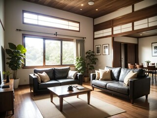 Fototapeta premium Contemporary and inviting living room with comfortable sofas, wooden furniture, large windows, and lush houseplants for a stylish atmosphere