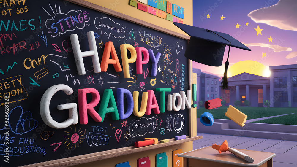 Wall mural celebratory graduation theme with chalkboard featuring the message happy graduation, amidst various  - Wall murals