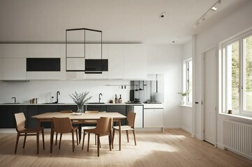 Modern kitchen design with stylish cabinetry, natural wood dining set, and plenty of sunlight in a minimalist scandinavian-inspired home