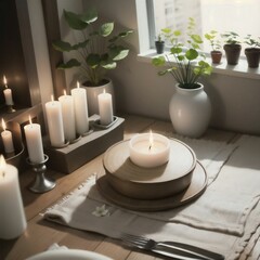 Cozy dining space captured at sunset, featuring lit candles, fresh green plants, and elegant tableware on a rustic wooden table