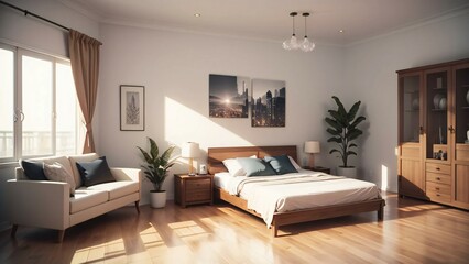 Modern bedroom with elegant decor and warm sunlight, showcasing a cozy bed, stylish furniture, and a serene atmosphere for relaxation