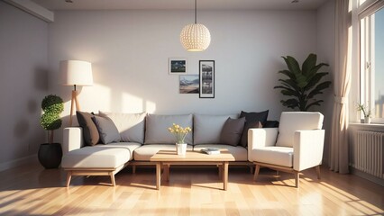 Contemporary living room bathed in sunset light, featuring stylish furniture, a plant, and art on the wall. Warm and inviting