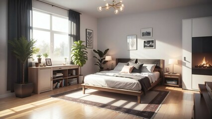Fototapeta premium Spacious and stylish master bedroom with natural light, comfortable bed, fireplace, and elegant decor in a contemporary home setting