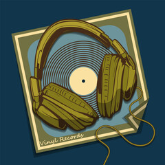 Large studio headphones on a paper bag with a vinyl record. Limited color palette, blue background. Vector illustration
