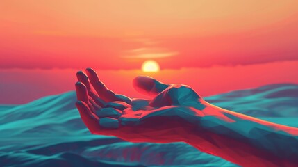 3D render flat design of a hand reaching out in the cancer journey, top view with an inspirational theme and vibrant color scheme focus on, strength in unity, dynamic, Composite, sunrise backdrop