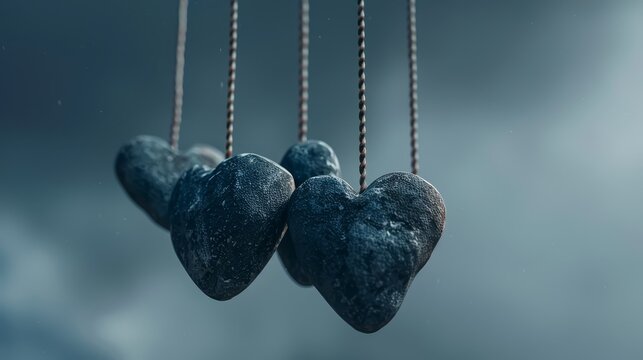 A few stones hanging in a heart shape, threedimensional close up, emotional burden, ethereal, Multilayer, dark sky backdrop
