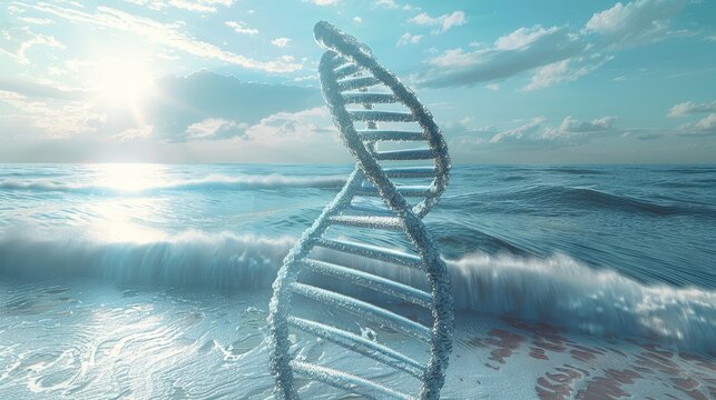 3D render flat design of a DNA spiral in the context of a cancer journey, inspirational theme, warm color scheme selective focus, path to recovery, dynamic, Double exposure, serene landscape backdrop