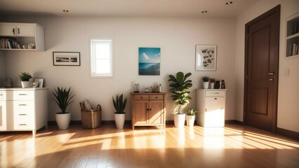Minimalist living room with sleek furniture, indoor plants, and a serene ocean picture, basking in warm sunlight