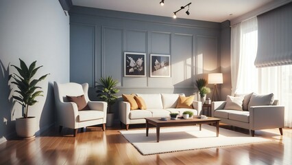 Fototapeta premium Elegant and spacious living room interior design with cozy white sofas, stylish decor, and abundant natural sunlight filtering through curtains