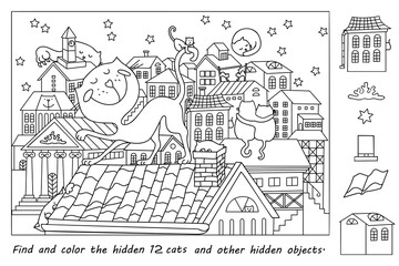 Find and color the hidden objects. Cats on the roofs of city houses at night. Coloring page. Puzzle game for kids. Printable education worksheet. Sketch vector illustration.