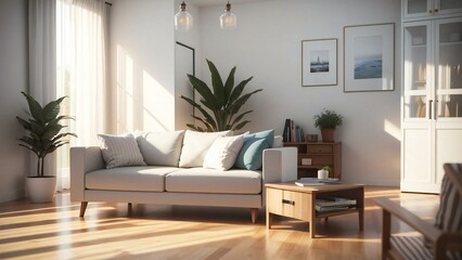 Fototapeta premium Inviting and serene living room with elegant furniture, warm lighting, wooden floors, and lush green plants