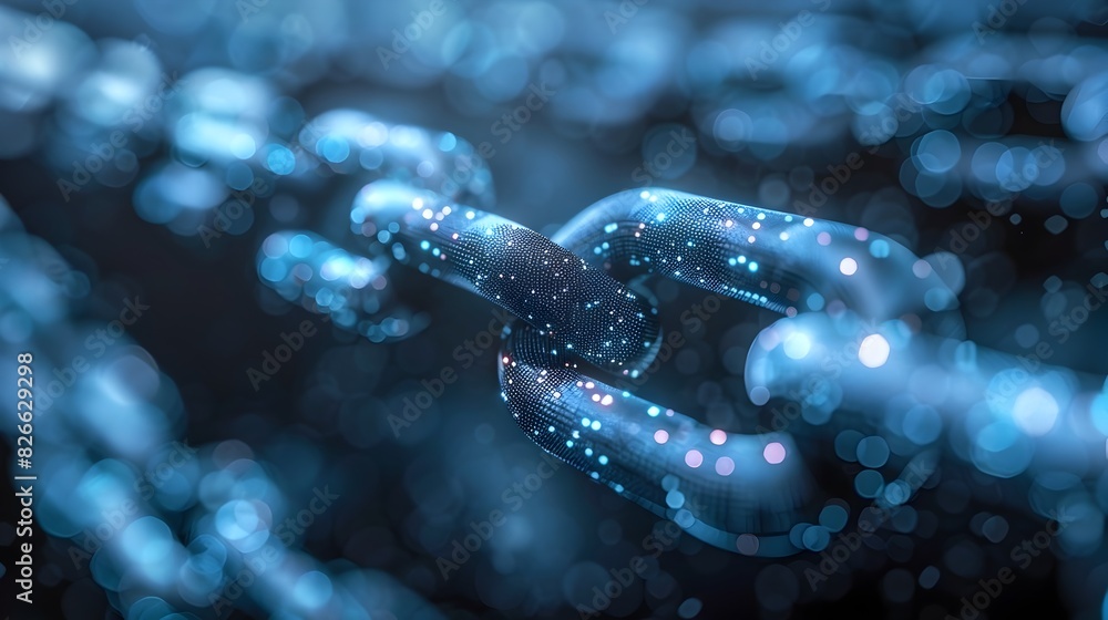 Poster blockchain technology visualized as interconnected nodes and chains futuristic digital art represent