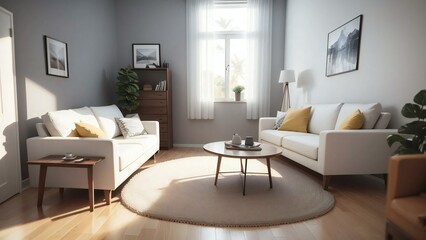 Inviting modern living room with natural light, showcasing chic white sofas and sophisticated home decor