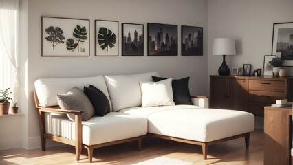 Inviting and chic living room design with a white sectional sofa, wooden furnishings, and framed wall art bathed in natural light
