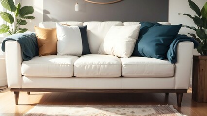 Modern cozy living room with comfortable white sofa adorned with decorative pillows, houseplants, and soft natural lighting enhancing the ambiance