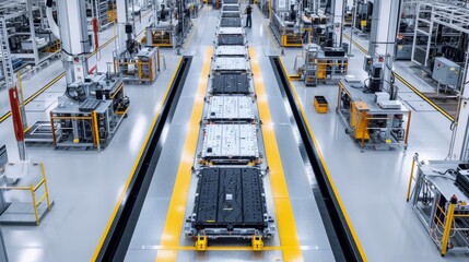 Top view of an industrial assembly line for assembling electric vehicle batteries