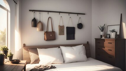Cozy bedroom with elegant bags displayed on a wall-mounted rack in gentle sunlight