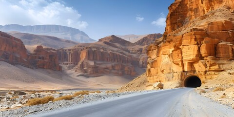 Vast desert landscape leads to road disappearing into tunnel through sandstone. Concept Desert,...