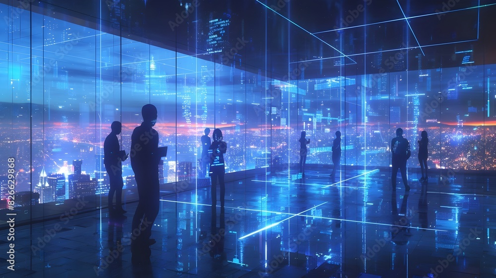 Poster futuristic business through holographic interfaces in a modern tech driven office environment