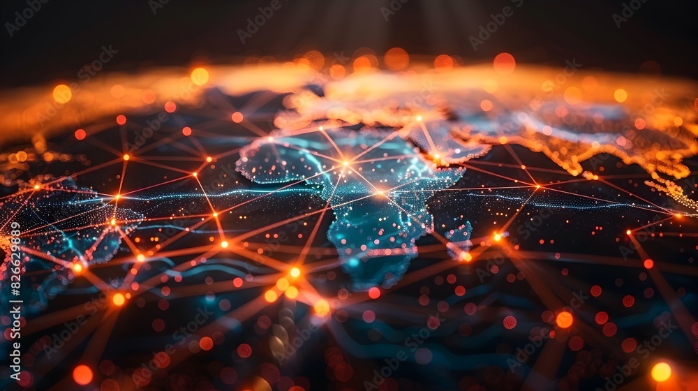 Poster bright neon lights of global digital network connections and data flows across continents in futuris