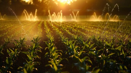 A lush crop field being watered by a sprinkler irrigation system during sunrise, with golden sunlight filtering through the mist.