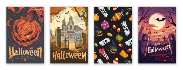 Fototapeta premium Set of 4 Halloween Party Poster Set with Spooky Mansion, Graveyard, Candies, and Pumpkins. Horror Night Art Covers for October 31 Holiday Evening Promotions. Typography and Illustrations for EPS Print