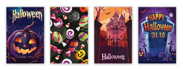 Obraz premium Set of 4 Halloween Party Poster Set with Spooky Mansion, Graveyard, Candies, and Pumpkins. Horror Night Art Covers for October 31 Holiday Evening Promotions. Typography and Illustrations for EPS Print