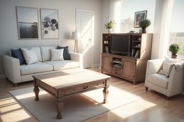 Sunny and spacious living room with cozy seating, wooden furnishings, and greenery, bathed in natural light