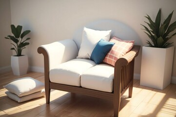 Fototapeta premium Minimalist living room with an elegant couch, cozy pillows, and natural light, complemented by a potted indoor plant