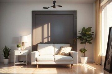 Cozy white couch with cushions in a contemporary living room bathed in the evening sunlight glow