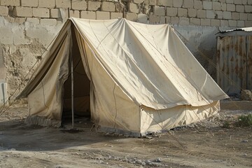 Wornout canvas tent pitched by a barren wall, depicting desolation or emergency shelter