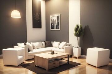 Modern living room with white sofas, a wooden coffee table, pendant lights, and minimalistic decor creating a cozy atmosphere