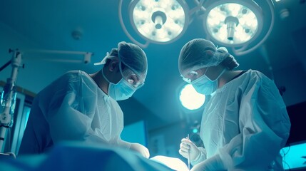 Surgeon and his assistant in sterile surgical clothing at an operation