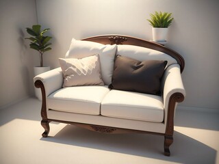 Classic wooden sofa with white cushions stands in a contemporary room with neutral tones and a decorative plant