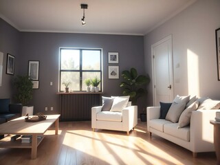 Fototapeta premium Inviting modern living room flooded with natural light, showcasing elegant furnishings and greenery for a serene atmosphere