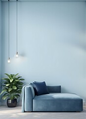 Luxury Modern Home Design with Living Room or Business Hall Scene in Light Pastel Colors. Lounge Room with Blue Sky Paint and Velor, Empty Wall in Navy Background, Pale Tone Loveseat. 3D Render.