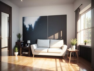 Sunset-lit elegant living room with a minimalistic white sofa, large window, and stylish wall art creating a cozy ambiance