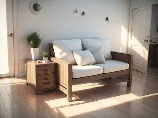 Tranquil living room scene with a comfy sofa, wooden side table, plant, and the gentle glow of sunset streaming in
